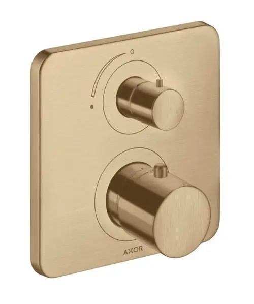 Thermostatmodul mit zwei Reglern in gebürstetem Bronze, montiert auf einer rechteckigen Wandplatte. Das Produkt ist von der Marke AXOR.